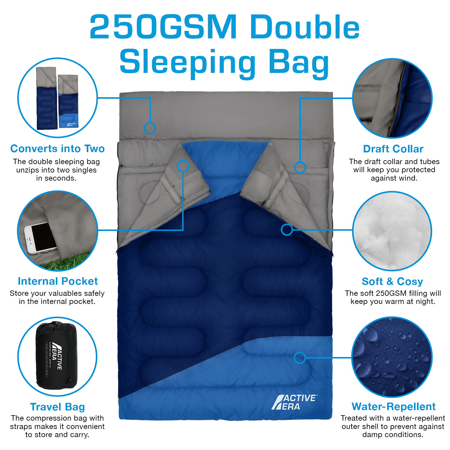 Sac de Couchage Double - Taille XL - Se convertit en 2 lits simples - 3 Saisons