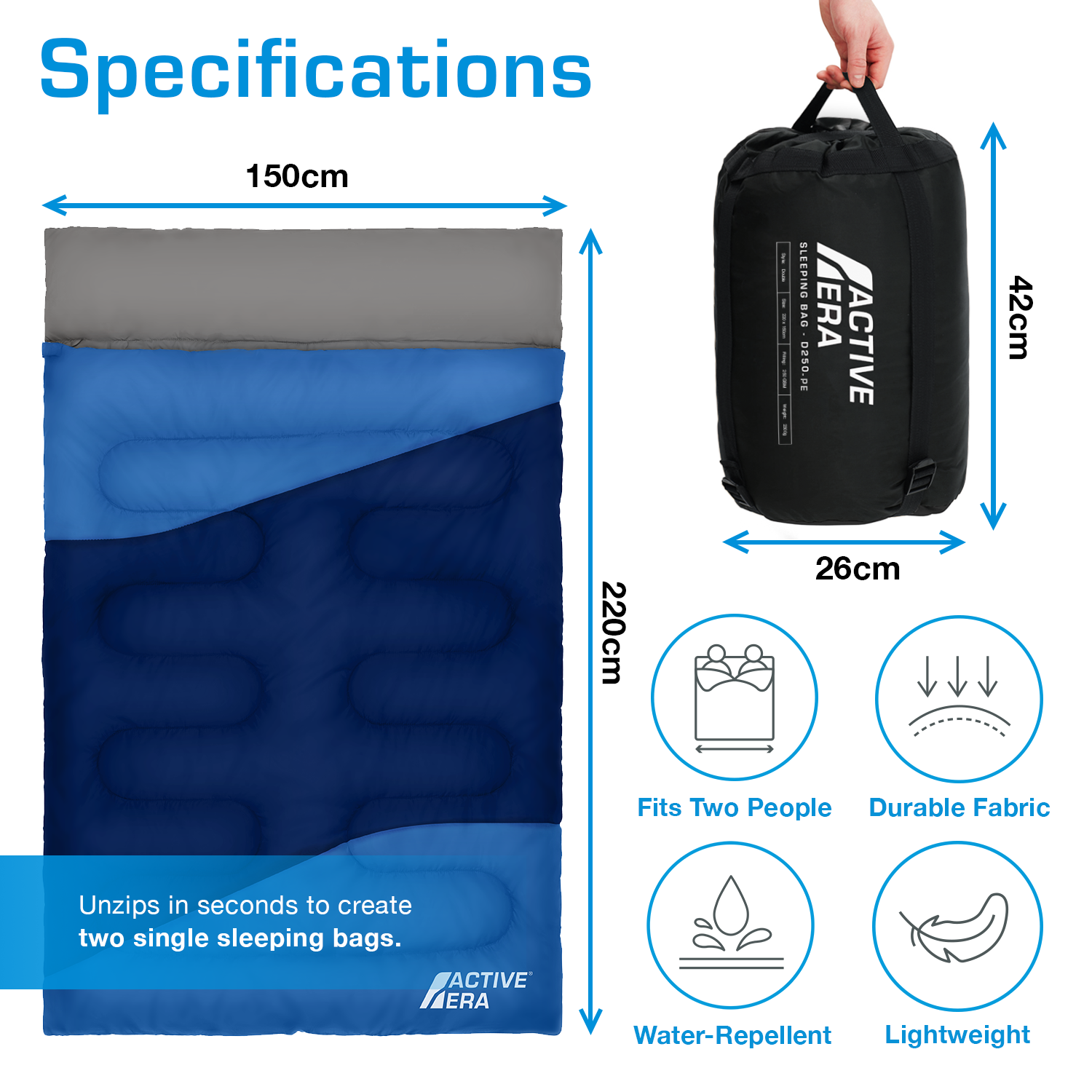 Sac de Couchage Double - Taille XL - Se convertit en 2 lits simples - 3 Saisons