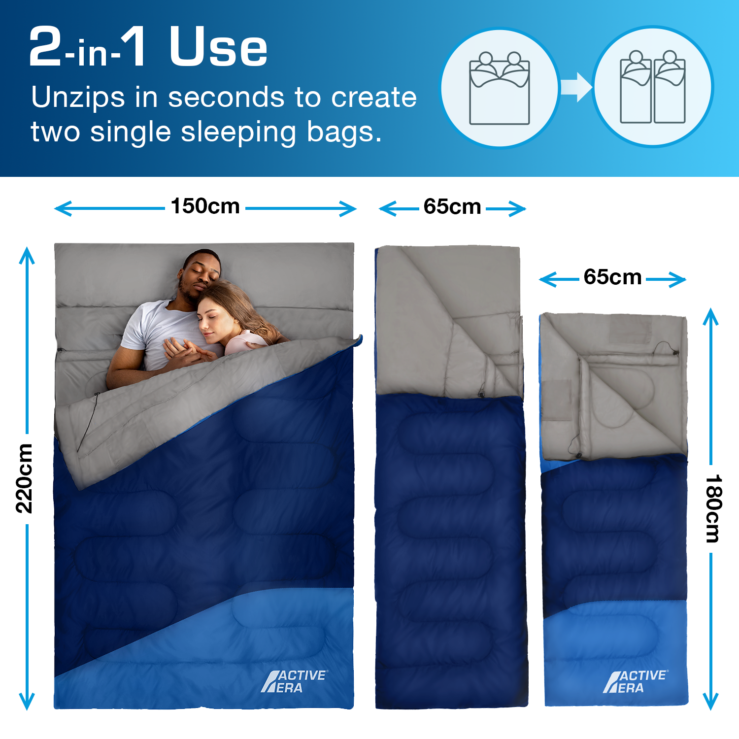 Sac de Couchage Double - Taille XL - Se convertit en 2 lits simples - 3 Saisons