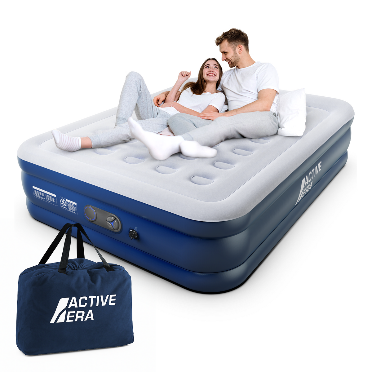 Premium queensize luchtbed – grijs/marineblauw