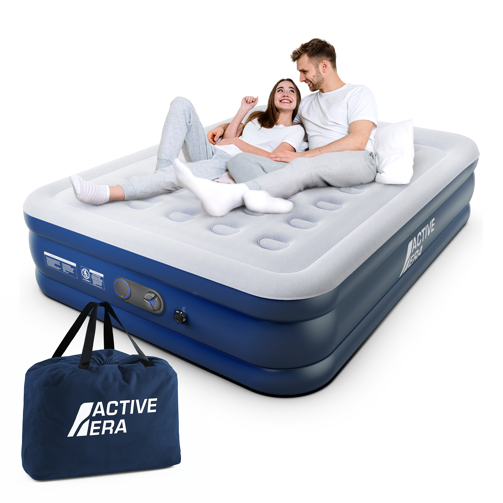 Premium queensize luchtbed – grijs/marineblauw