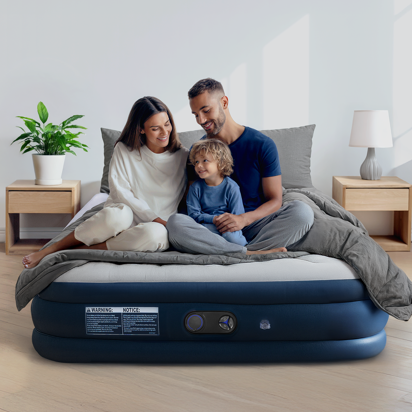 Premium queensize luchtbed – grijs/marineblauw