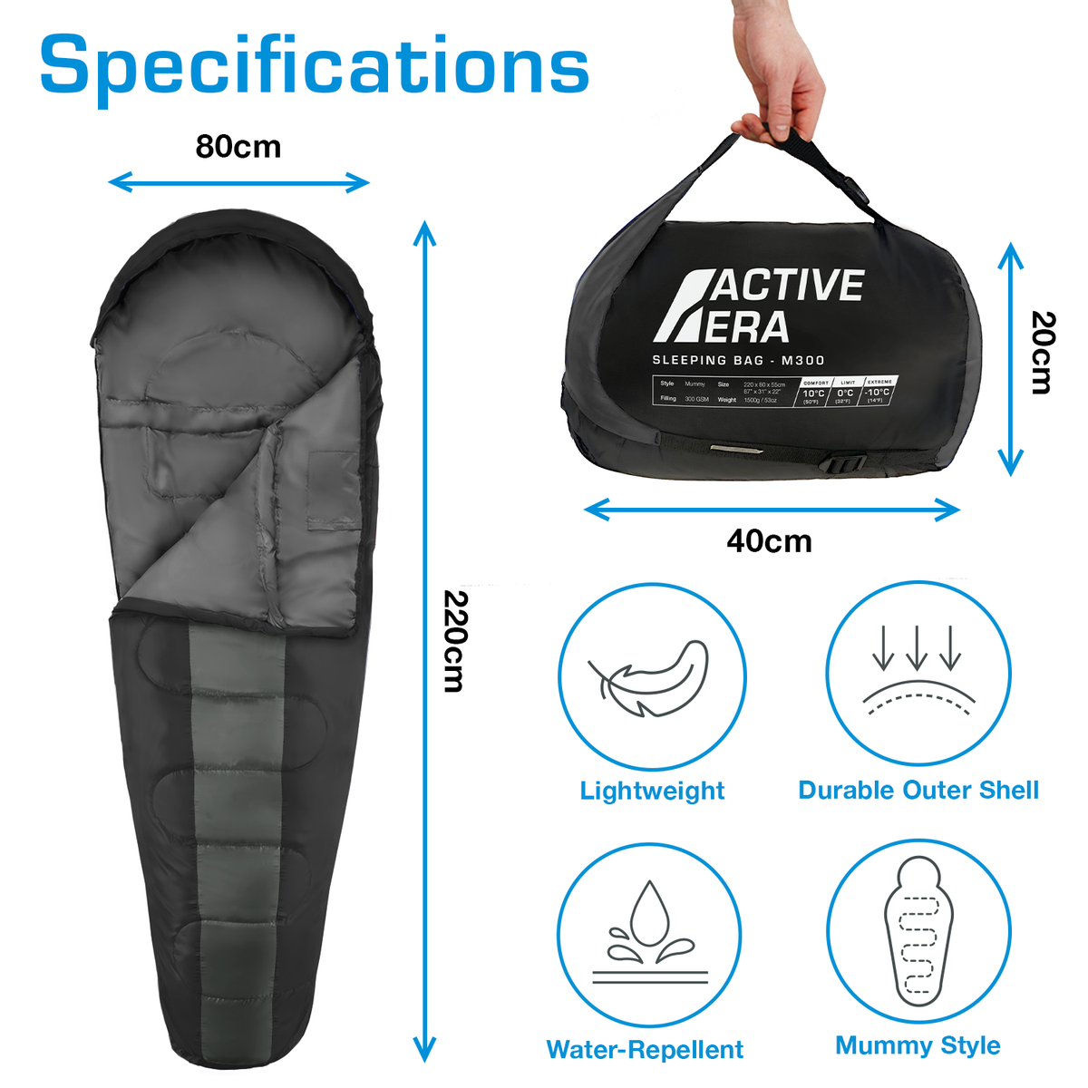 Professional 3-4 Season Mummy Sleeping Bag - Black - (300 GSM) - 1 Season