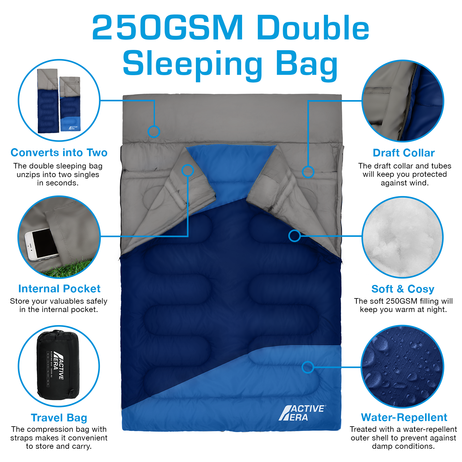 Double Sleeping Bag - Extra Large Queen Size - 3 Seasons - Blue