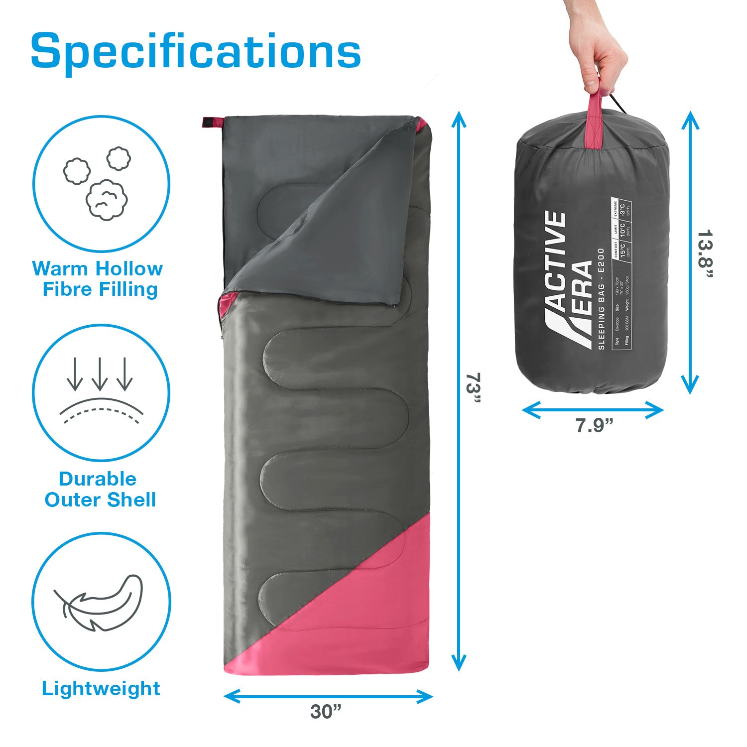 Premium Warm Lightweight Envelope Sleeping Bag (200 GSM) - 2 Seasons - Pink