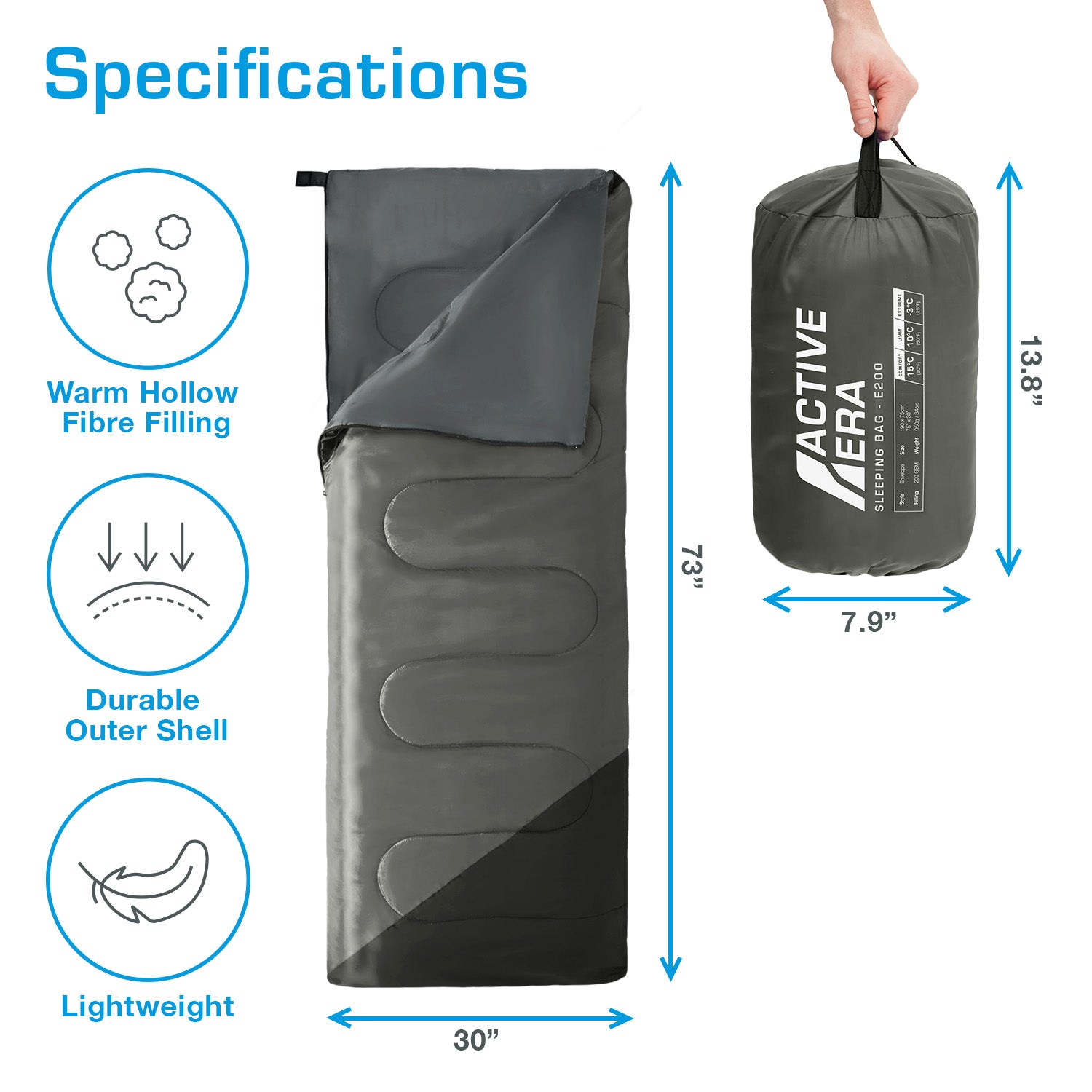 Premium Warm Lightweight Envelope Sleeping Bag (200 GSM) - 2 Seasons - Black